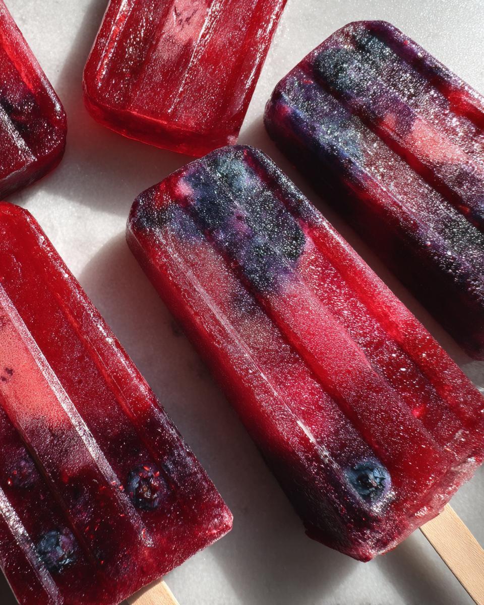 Close-up of vibrant red and purple berry popsicles with visible blueberries, perfect for Fourth of July desserts.