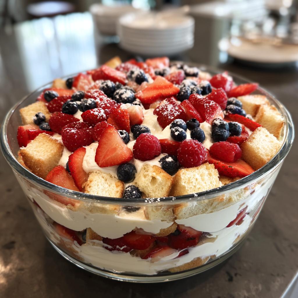A festive Fourth of July dessert featuring a berry trifle with layers of strawberries, blueberries, raspberries, whipped cream, and pound cake.