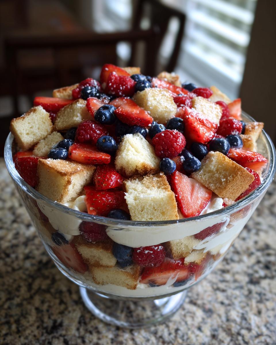 A large glass trifle bowl filled with layers of cake, cream, strawberries, blueberries, and raspberries, perfect for Fourth of July desserts.