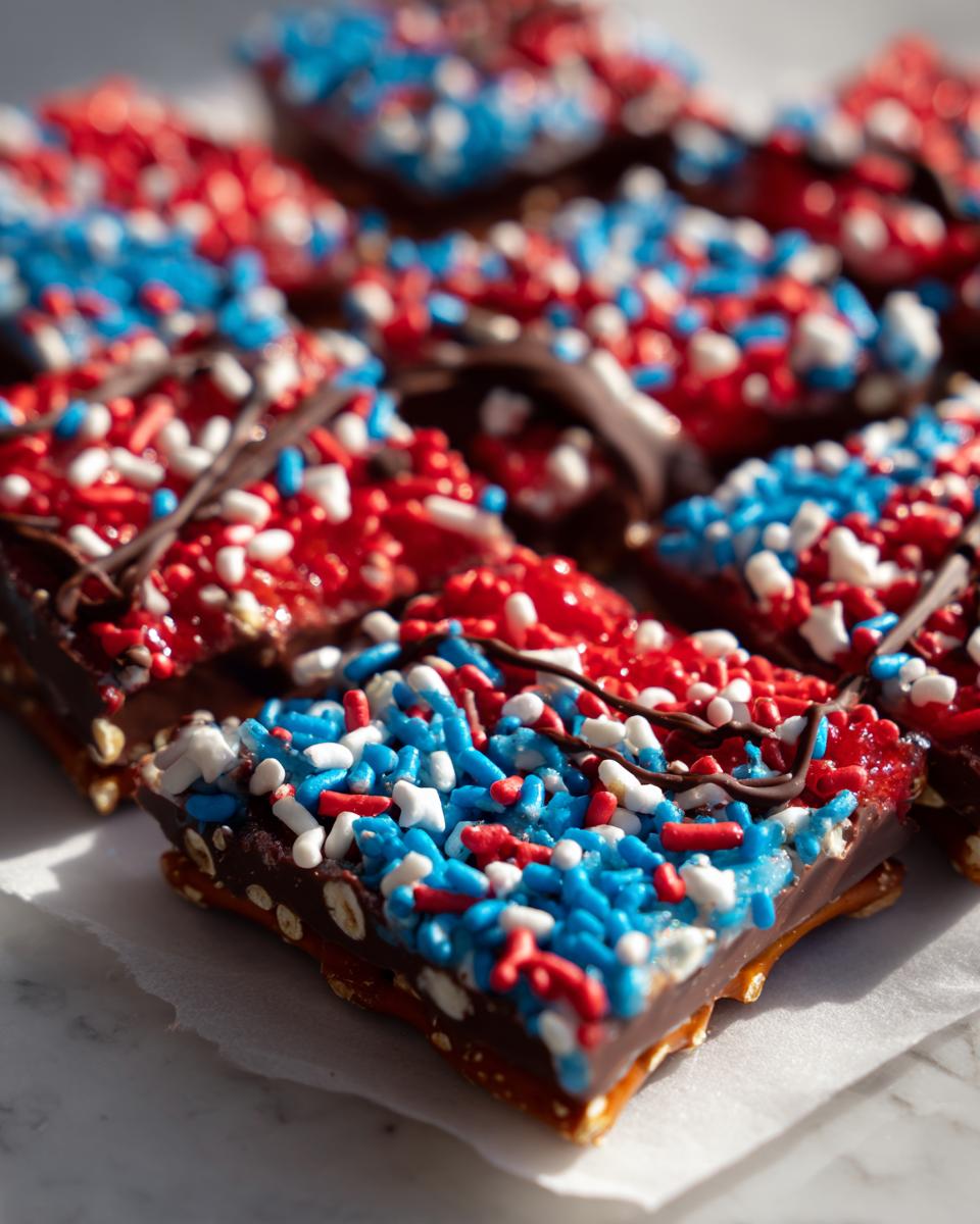 Close-up of festive Fourth of July desserts: chocolate-covered pretzel treats topped with red, white, and blue sprinkles.