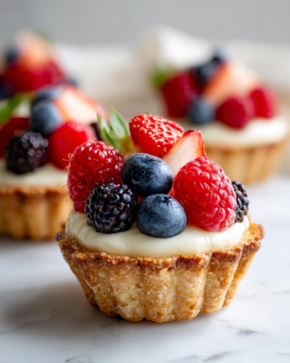 Close-up of a Fourth of July dessert mini tartlet filled with cream and topped with fresh strawberries, blueberries, raspberries, and blackberries.