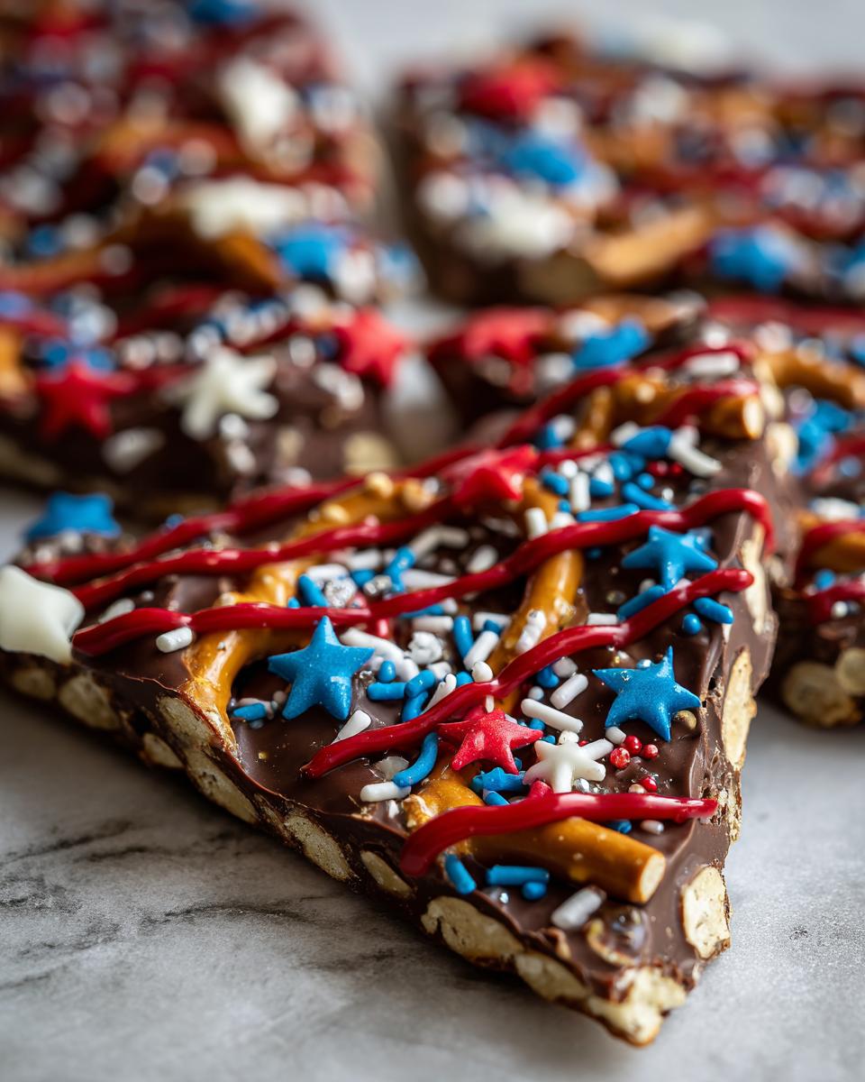 Close-up of a triangular slice of Fourth of July dessert bark, featuring chocolate, pretzels, and red, white, and blue patriotic sprinkles and stars.