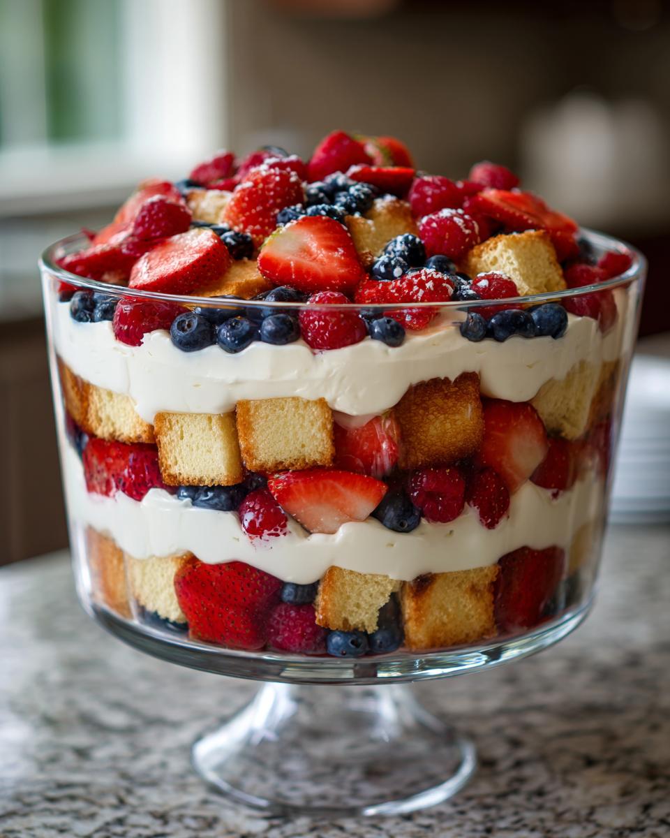 A beautiful Fourth of July dessert featuring a berry trifle with layers of cake, cream, strawberries, blueberries, and raspberries.
