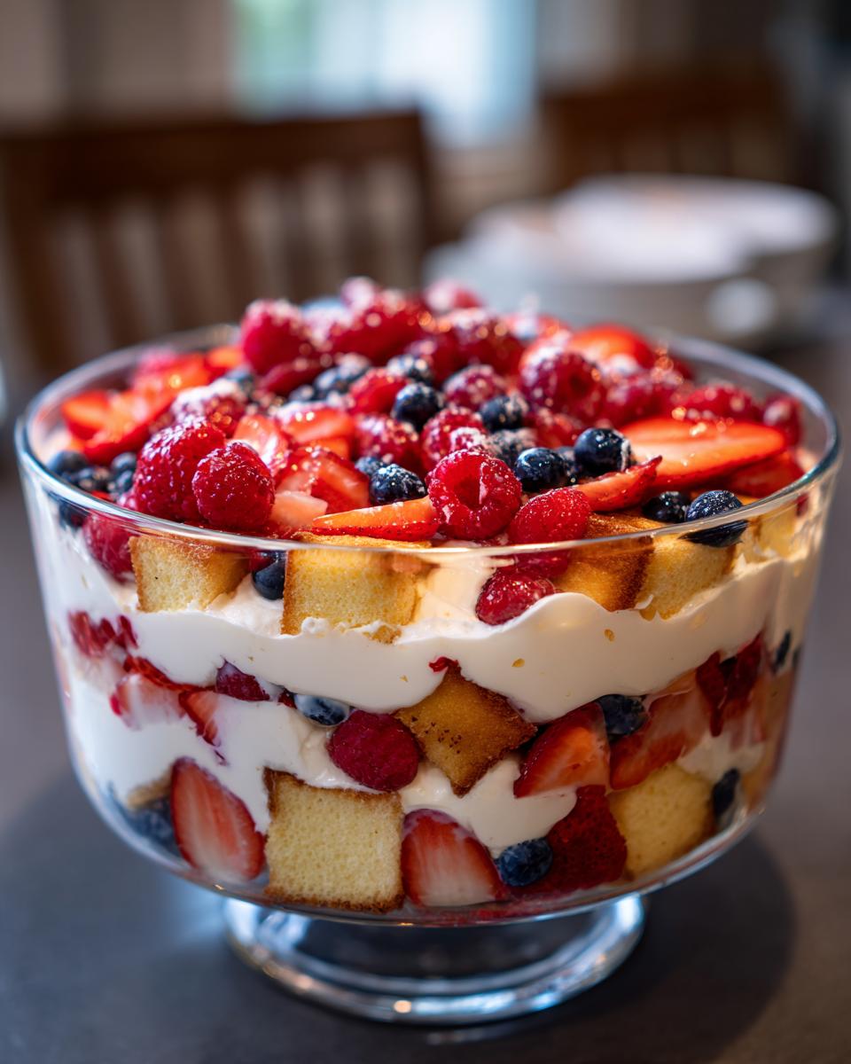 A beautiful Berry Trifle dessert with layers of cake, cream, strawberries, raspberries, and blueberries, perfect for Fourth of July Desserts.