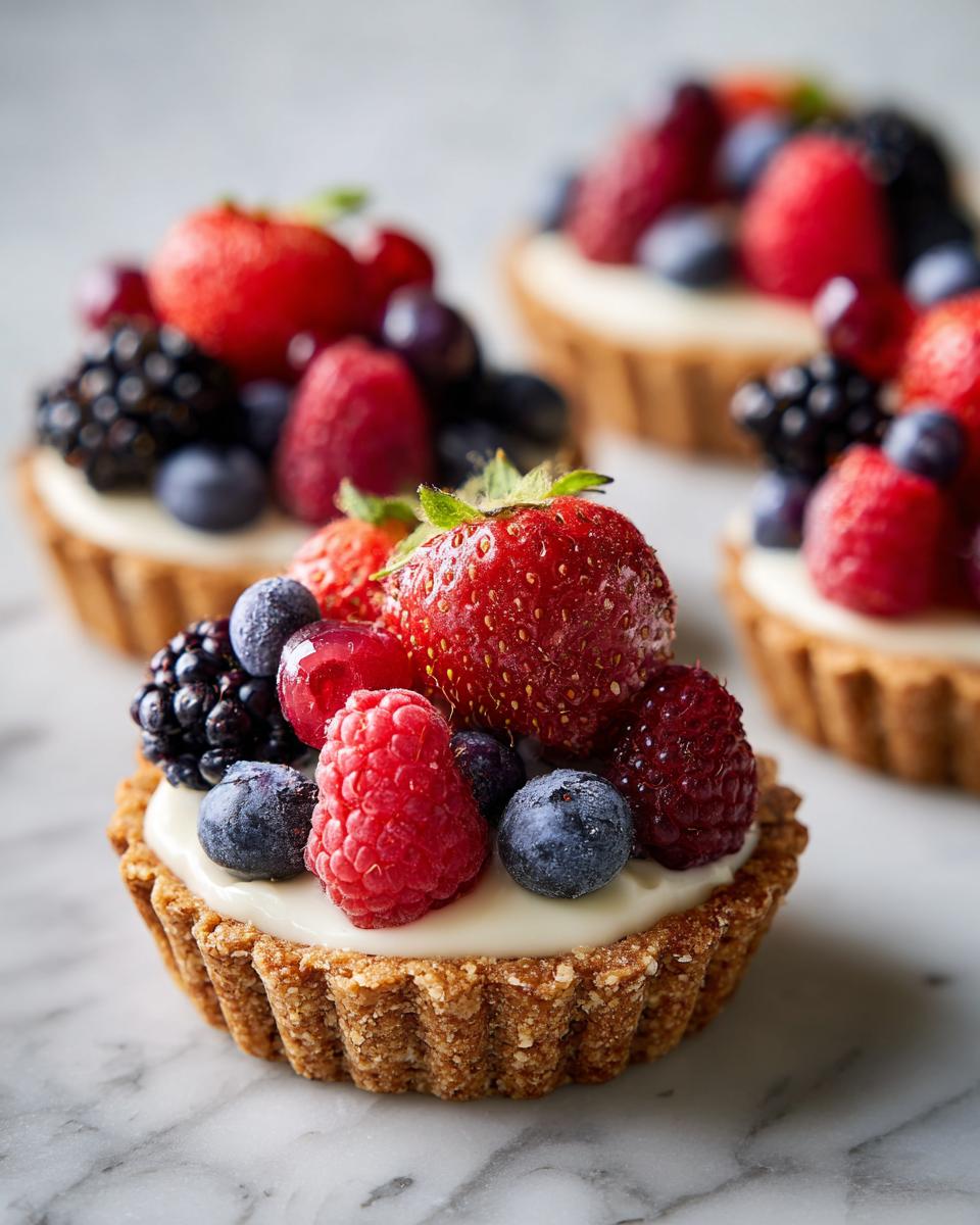 Close-up of Fourth of July desserts: mini tartlets filled with cream and topped with fresh strawberries, raspberries, blueberries, and blackberries.