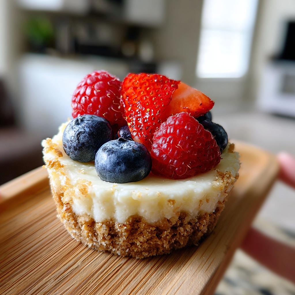 Close-up of a no bake cheesecake cup topped with fresh strawberries, blueberries, and raspberries, perfect for Fourth of July desserts.