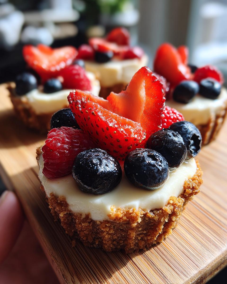 Close-up of a no-bake cheesecake cup topped with fresh strawberries, blueberries, and raspberries, perfect for Fourth of July desserts.