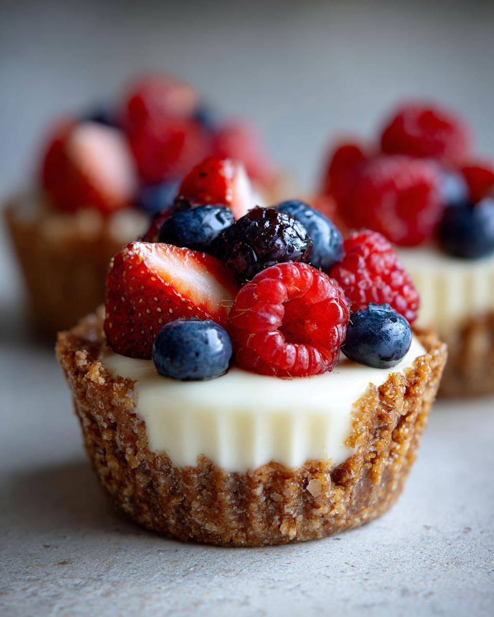 Close-up of a no-bake cheesecake cup topped with fresh strawberries, blueberries, and raspberries, perfect for Fourth of July desserts.