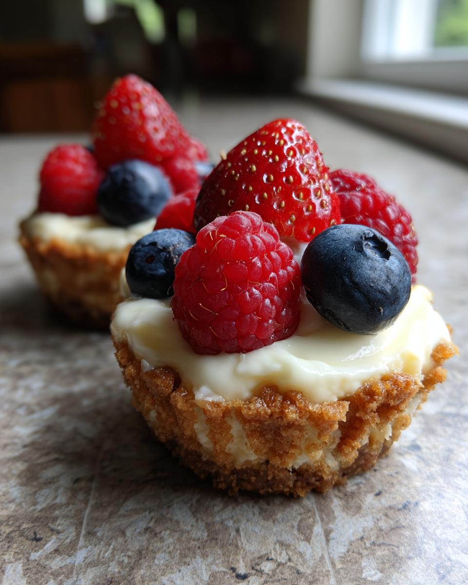 Close-up of two no-bake cheesecake cups topped with fresh strawberries, raspberries, and blueberries, perfect for Fourth of July desserts.