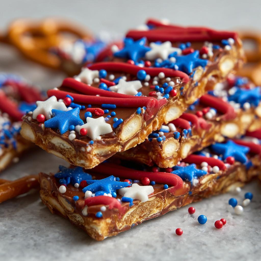 Close-up of Fourth of July desserts: patriotic snack mix bark with red, white, and blue stars and sprinkles.