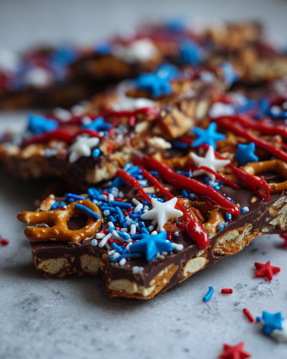 Close-up of a piece of Fourth of July Desserts: Patriotic Snack Mix Bark with pretzels, chocolate, and red, white, and blue sprinkles.