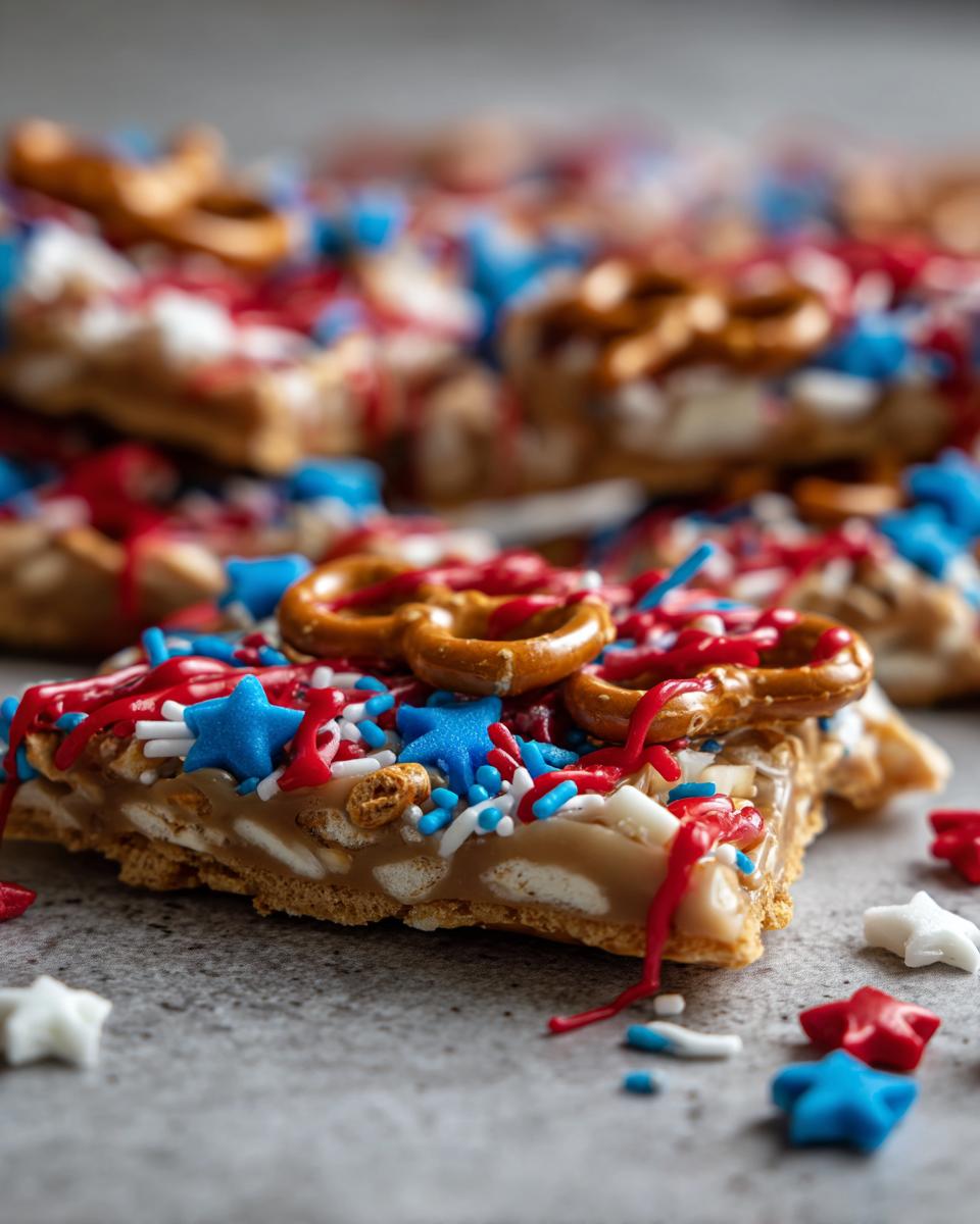 A slice of Fourth of July Desserts: Patriotic Snack Mix Bark topped with pretzels, red, white, and blue sprinkles, and star candies.