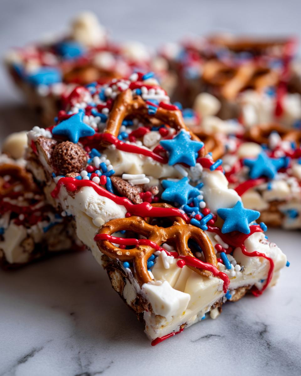 Close-up of Fourth of July Desserts: Patriotic Snack Mix Bark with pretzels, red and blue sprinkles, and white chocolate.