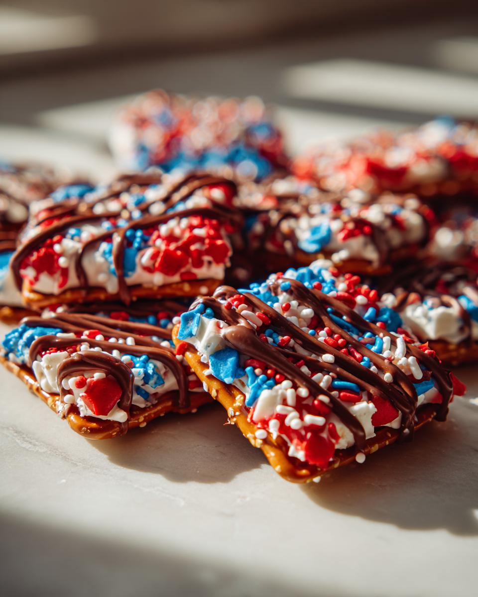 Close-up of festive Fourth of July desserts: pretzels topped with white frosting, red and blue sprinkles, and chocolate drizzle.