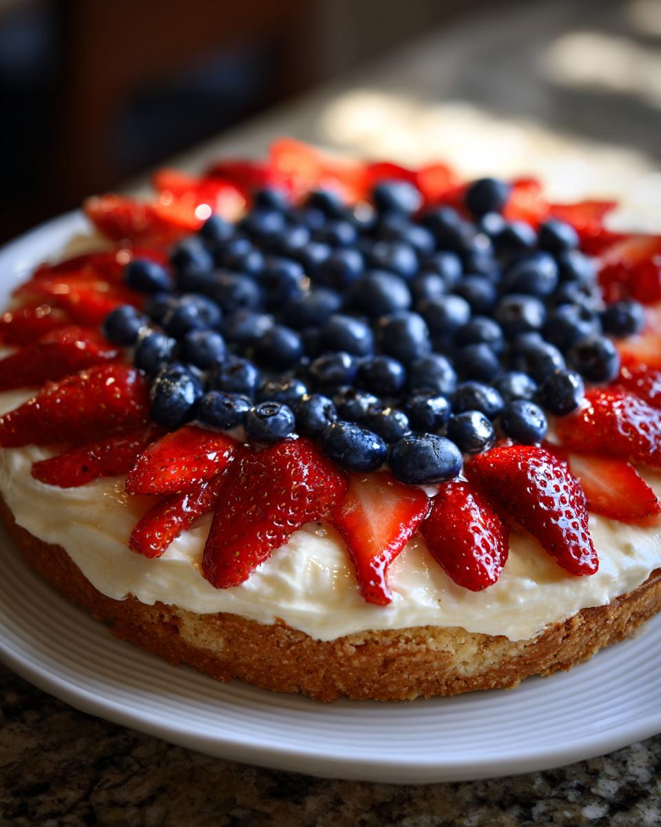 A festive Fourth of July Flag Fruit Pizza on a cookie crust, topped with cream cheese frosting, strawberries, and blueberries.