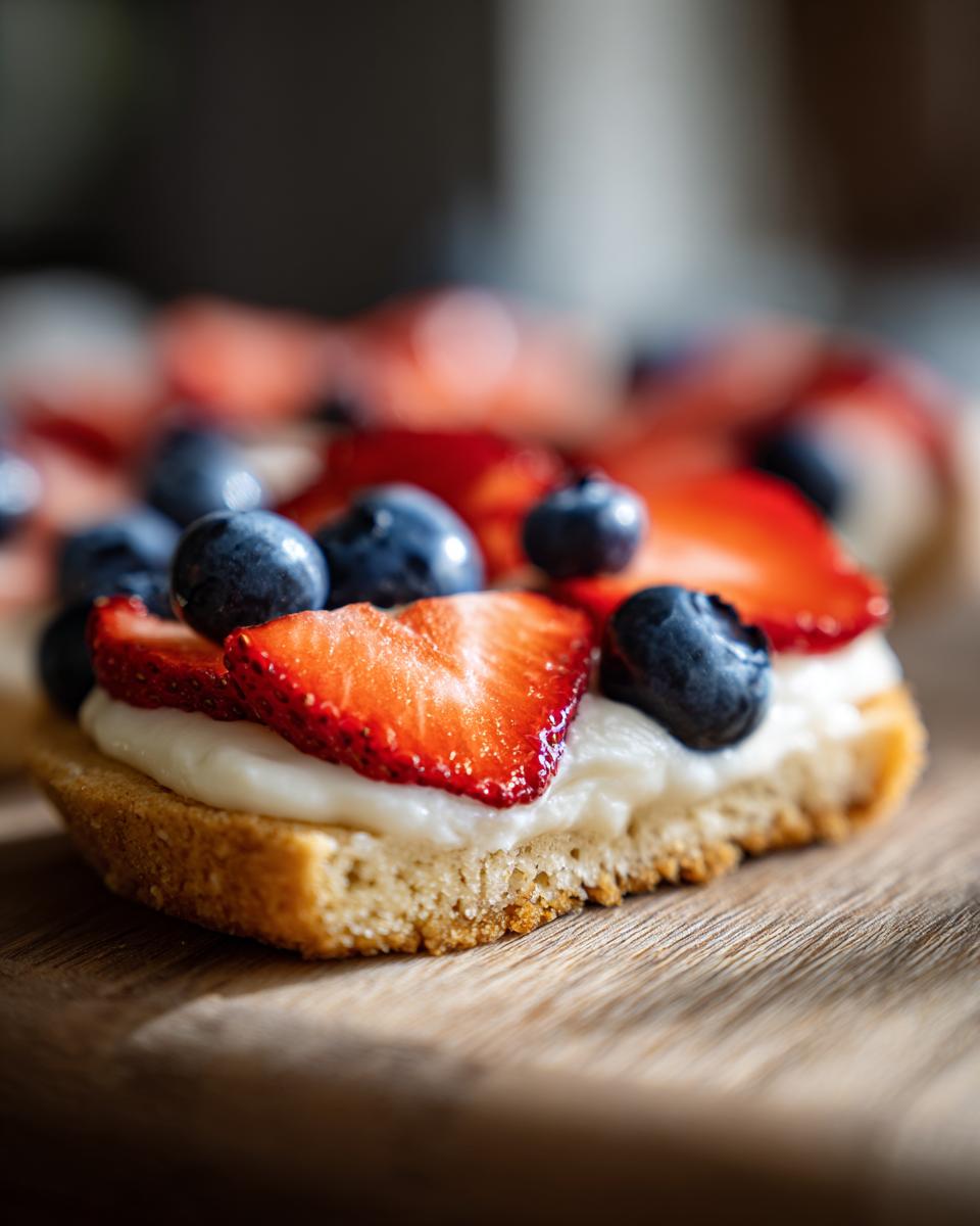 A slice of Fourth of July Flag Fruit Pizza on a cookie crust, topped with cream cheese, strawberries, and blueberries.