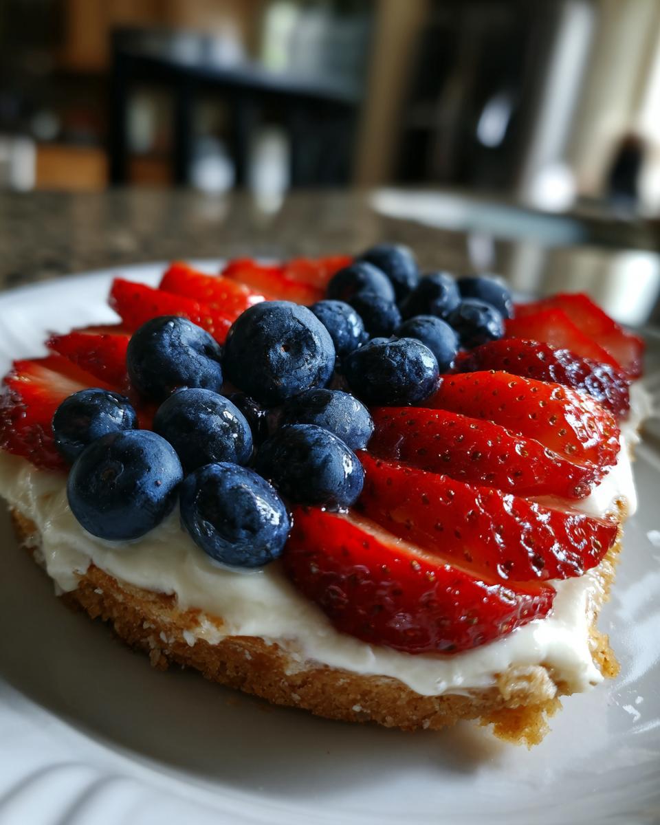 A slice of Fourth of July Flag Fruit Pizza on a cookie crust, topped with cream cheese, strawberries, and blueberries.