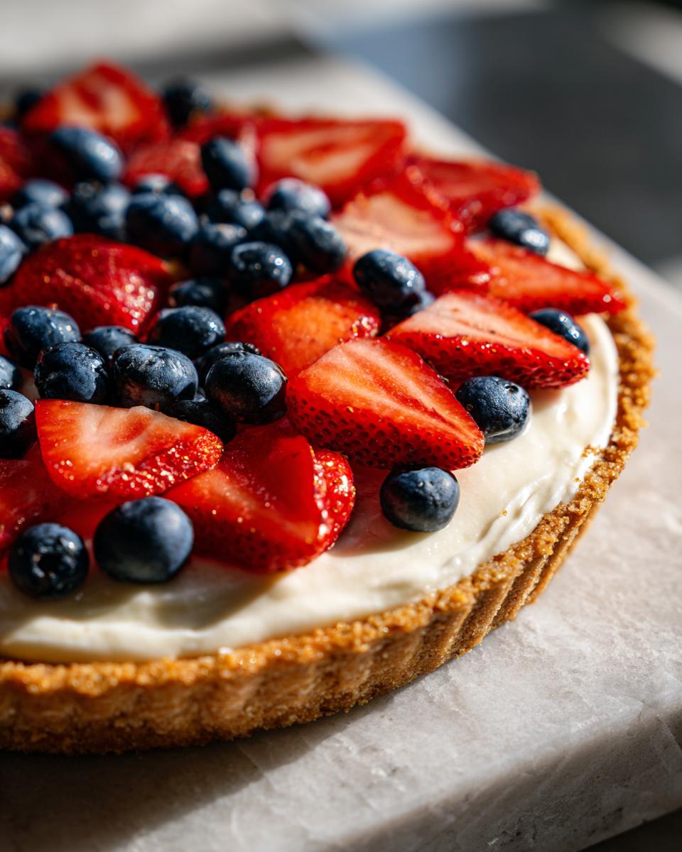 Close-up of a Fourth of July Flag Fruit Pizza on a cookie crust, topped with cream cheese frosting, strawberries, and blueberries.