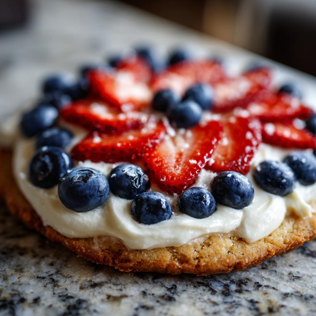 Close-up of a Fourth of July dessert: a fruit pizza with strawberries and blueberries on a cookie crust.