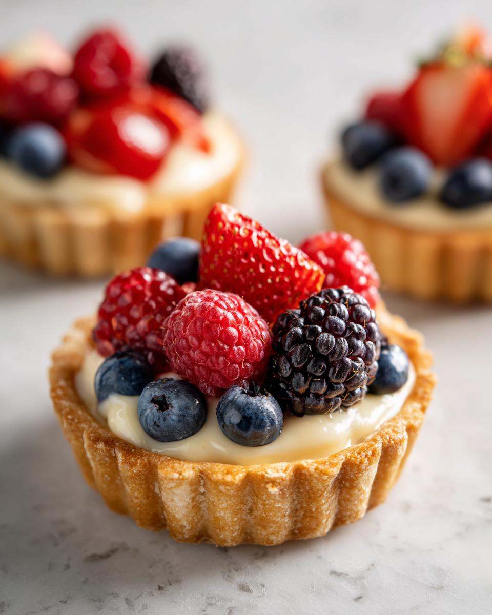Close-up of a Fourth of July dessert: mini tartlets filled with cream and topped with fresh berries like strawberries, raspberries, blueberries, and blackberries.
