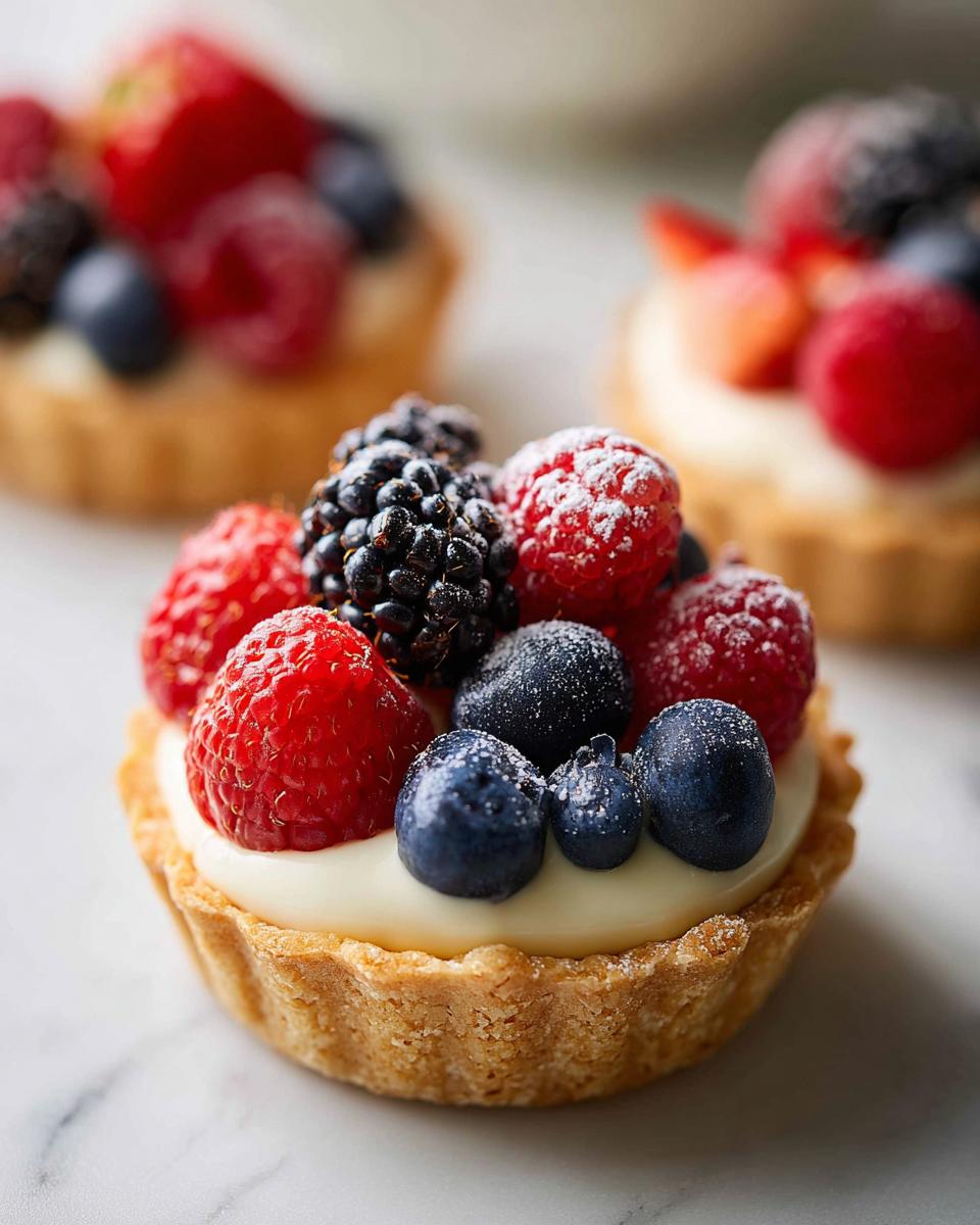 Close-up of a Fourth of July dessert mini tartlet filled with cream and topped with fresh berries and powdered sugar.