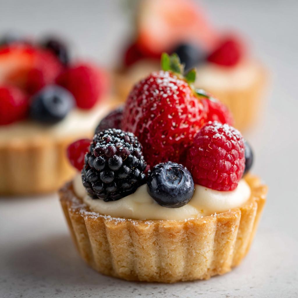 Close-up of a Fourth of July dessert: mini tartlet filled with cream and topped with fresh strawberries, blueberries, raspberries, and blackberries.