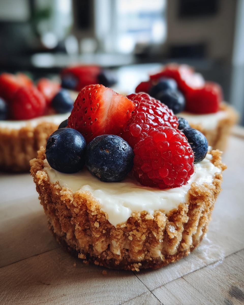 Close-up of a Fourth of July no bake cheesecake cup topped with fresh strawberries, blueberries, and raspberries.