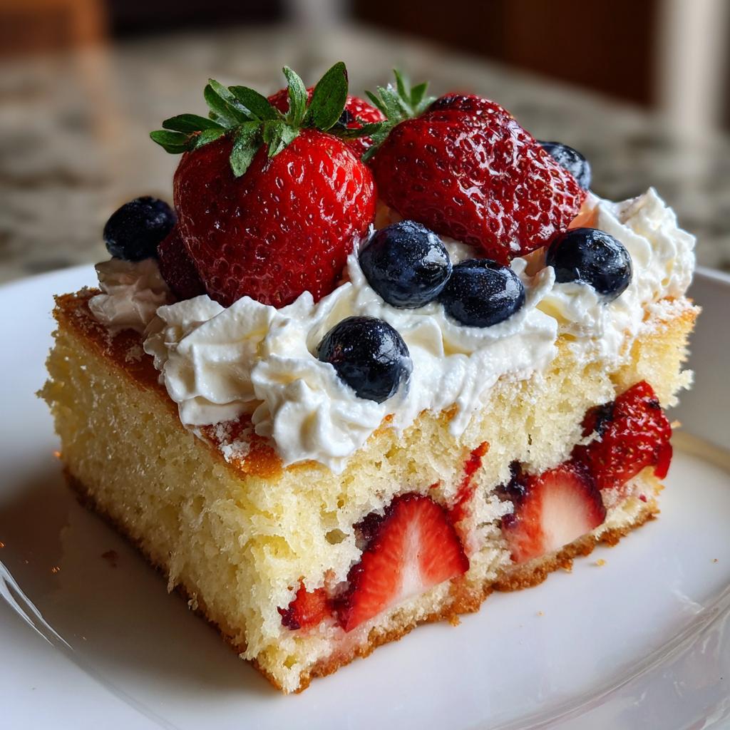 A slice of pound cake berry shortcake topped with whipped cream, strawberries, and blueberries, perfect for Fourth of July desserts.
