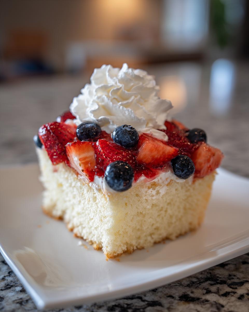 A slice of pound cake topped with fresh strawberries, blueberries, and whipped cream, perfect for Fourth of July desserts.