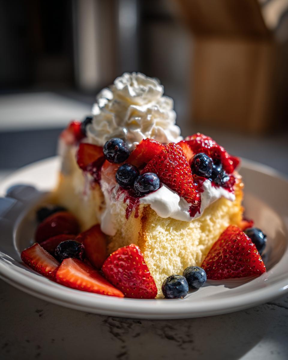 A slice of pound cake transformed into a Fourth of July Berry Shortcake with strawberries, blueberries, and whipped cream.