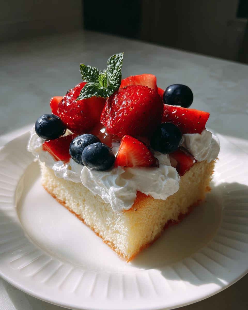 A slice of Fourth of July pound cake berry shortcake topped with whipped cream, strawberries, blueberries, and mint.