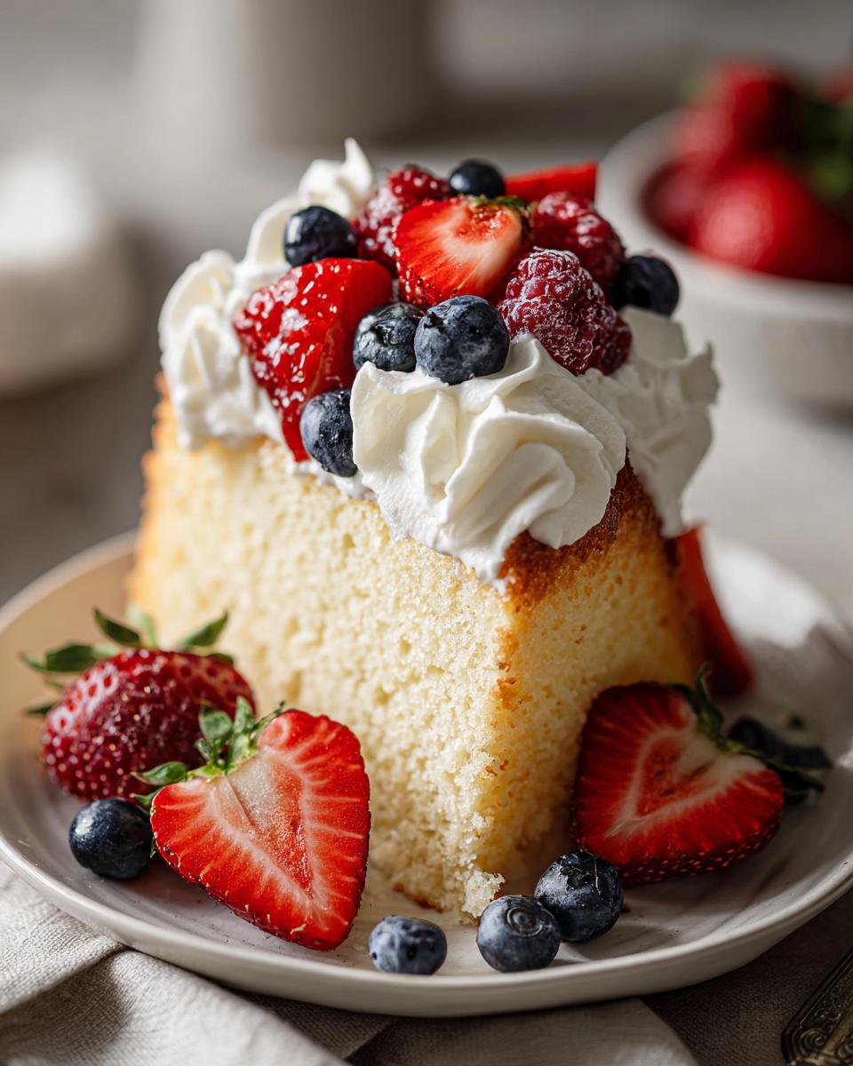 A slice of pound cake transformed into a Fourth of July Berry Shortcake with whipped cream and fresh berries.