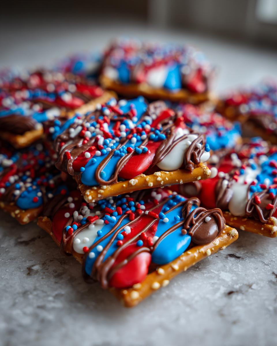 Close-up of festive Fourth of July pretzel treats decorated with red, white, and blue chocolate and sprinkles.