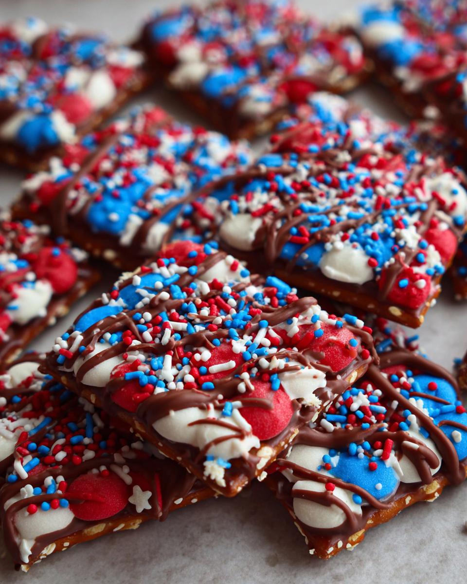 Close-up of festive Fourth of July pretzel treats topped with chocolate, red, white, and blue candies, and sprinkles.