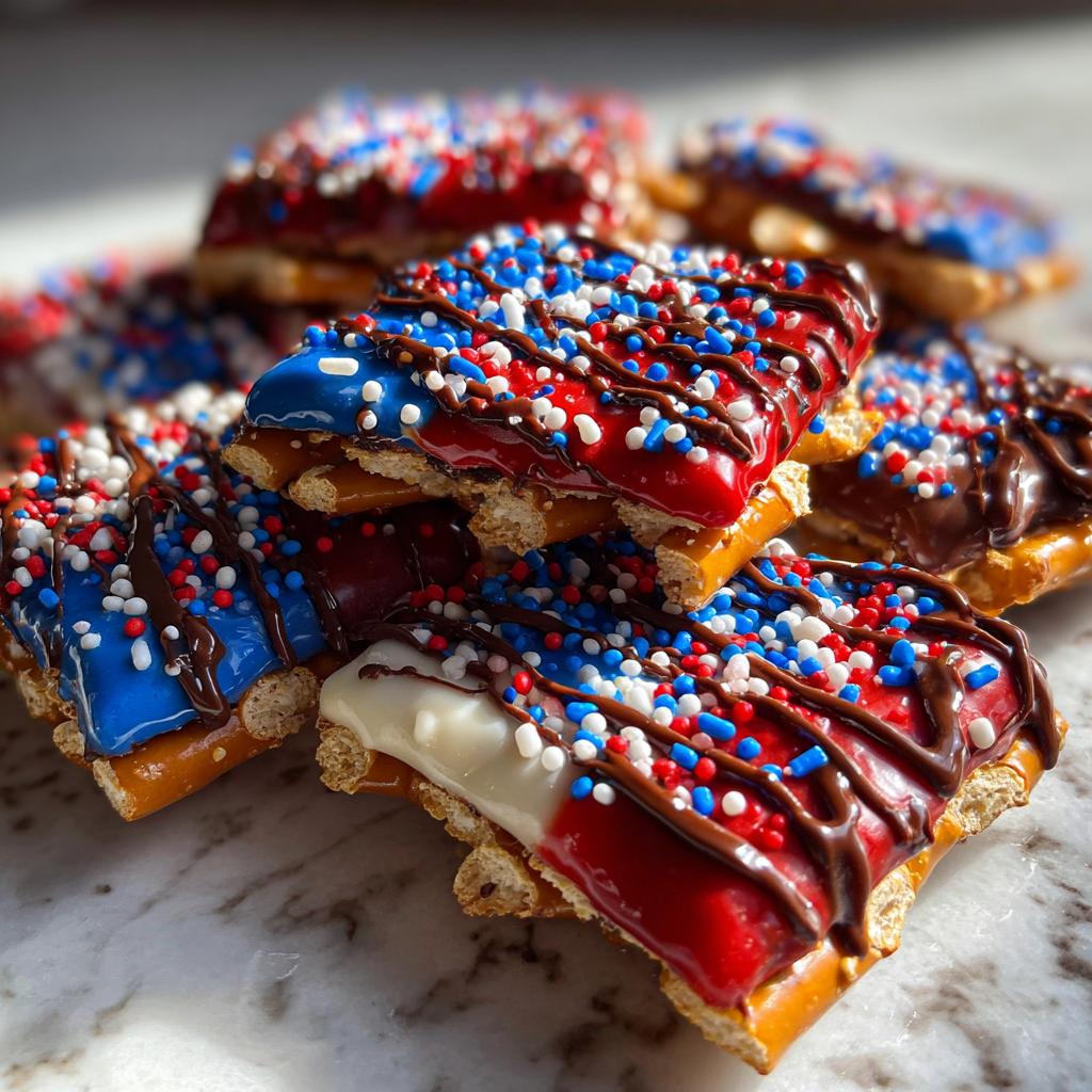 A pile of Fourth of July desserts: pretzel treats covered in red, white, and blue chocolate with sprinkles and drizzled chocolate.