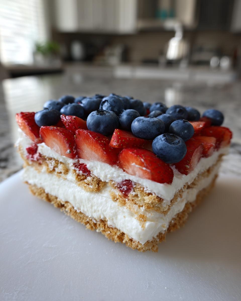 A slice of Fourth of July Red White Blue Icebox Cake featuring layers of graham crackers, cream, strawberries, and blueberries.