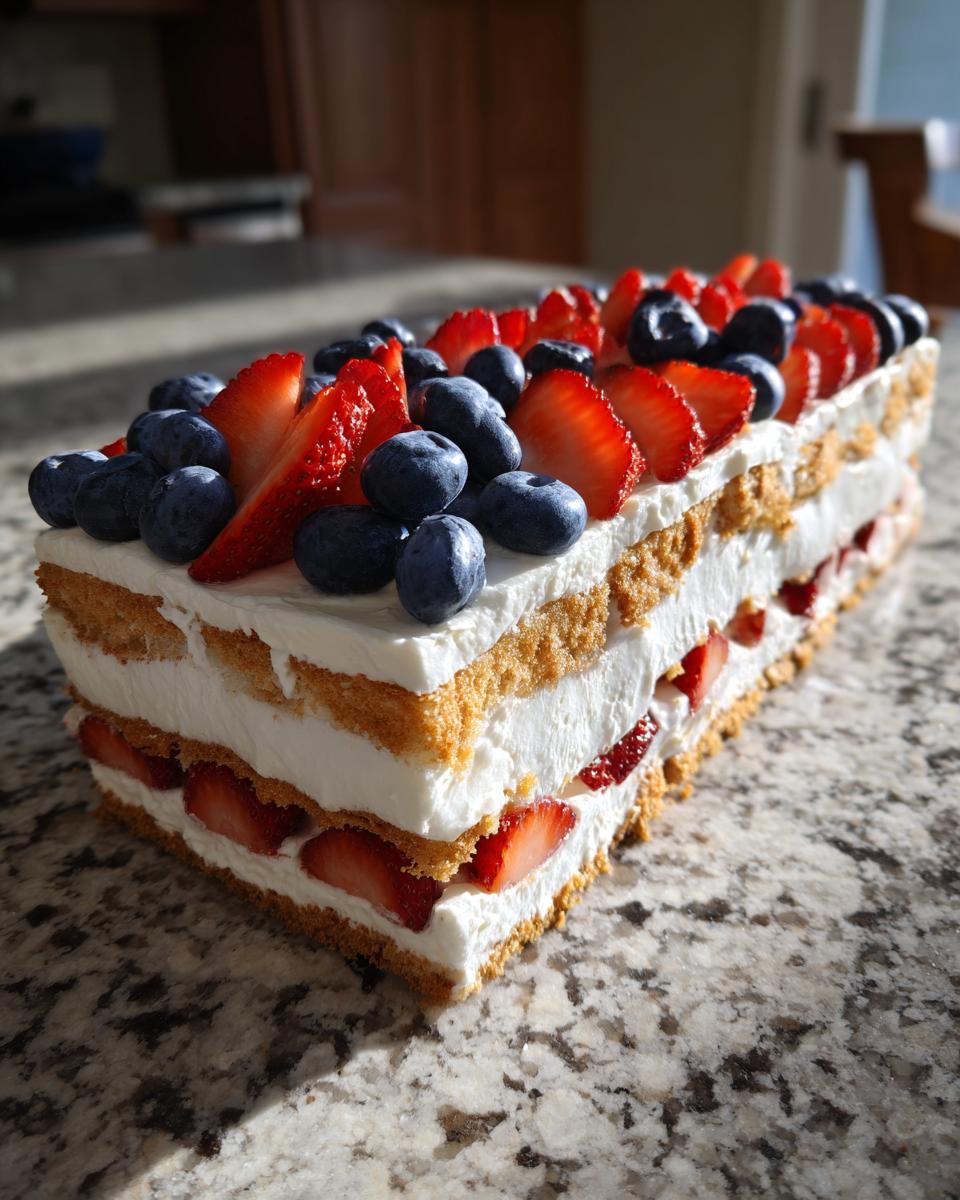A festive red, white, and blue icebox cake layered with whipped cream, strawberries, and blueberries, perfect for Fourth of July desserts.