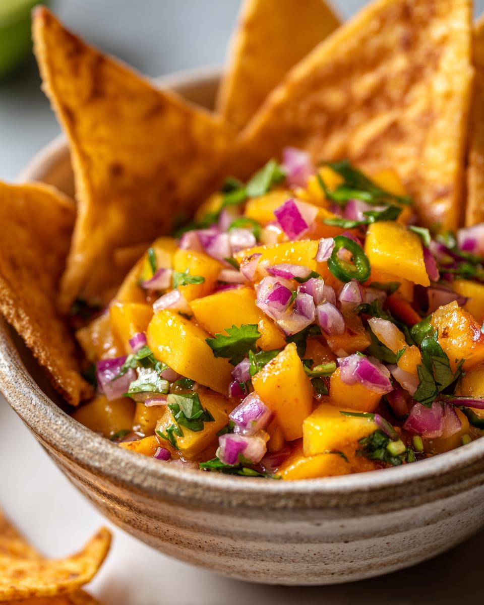 Close-up of a bowl filled with fresh peach salsa, featuring diced peaches, red onion, cilantro, and jalapeño, served with cinnamon chips.