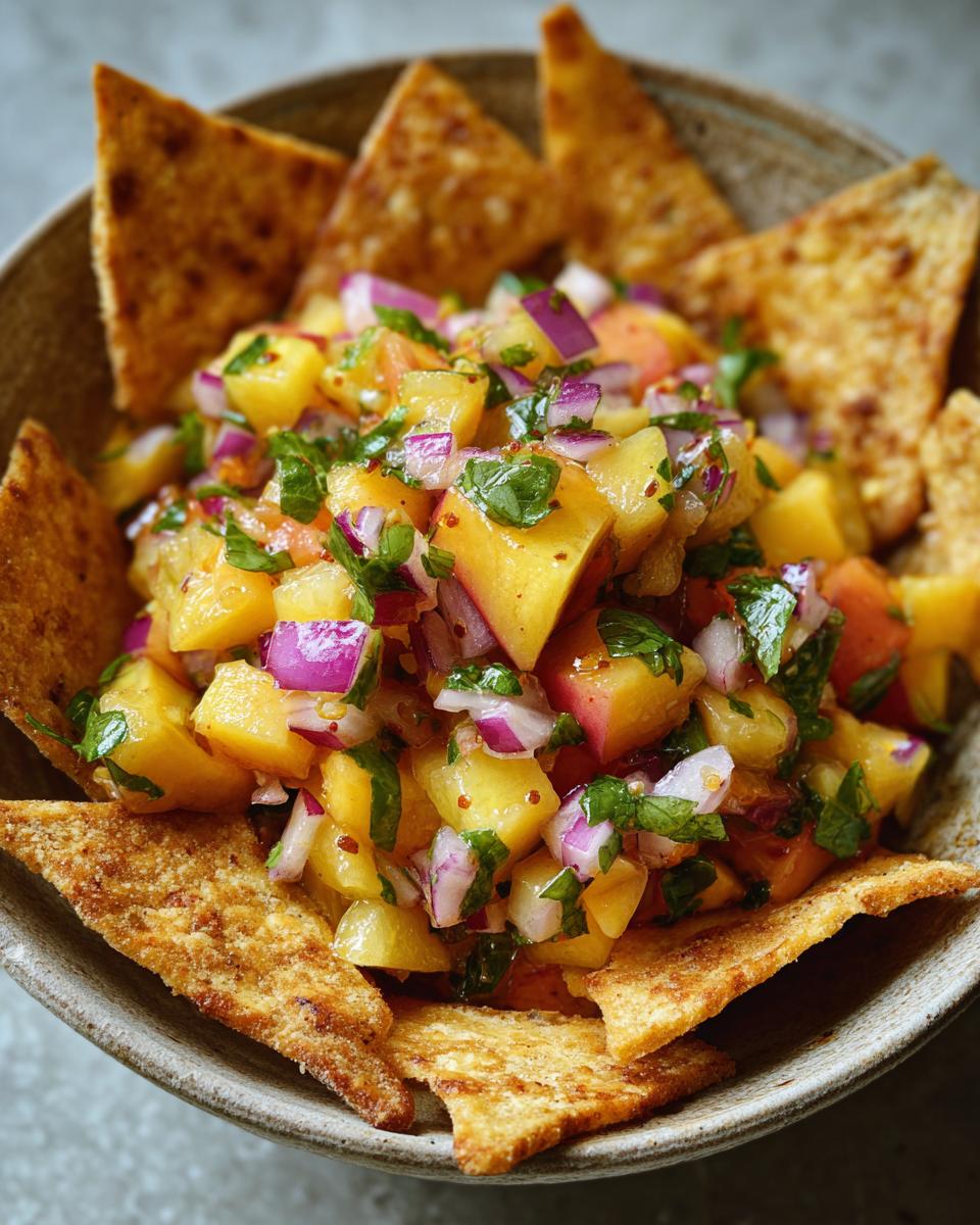 Close-up of a bowl filled with fresh peach salsa and cinnamon chips, showcasing diced peaches, red onion, and herbs.