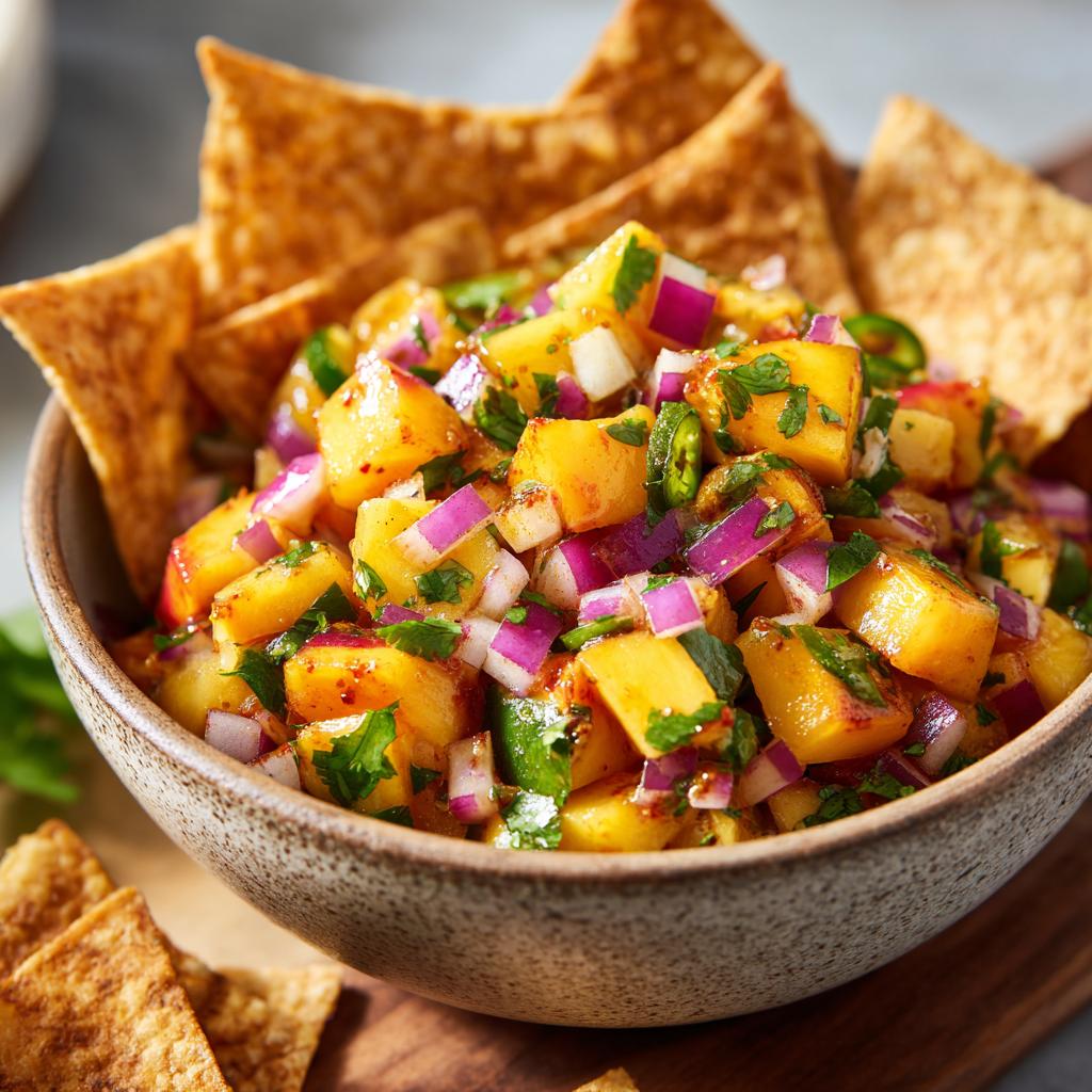 Close-up of fresh peach salsa with diced peaches, red onion, jalapeño, and cilantro, served with cinnamon chips.