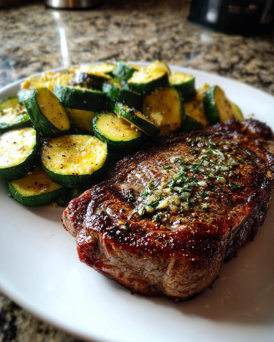 A juicy garlic butter steak served with seasoned zucchini slices on a white plate.