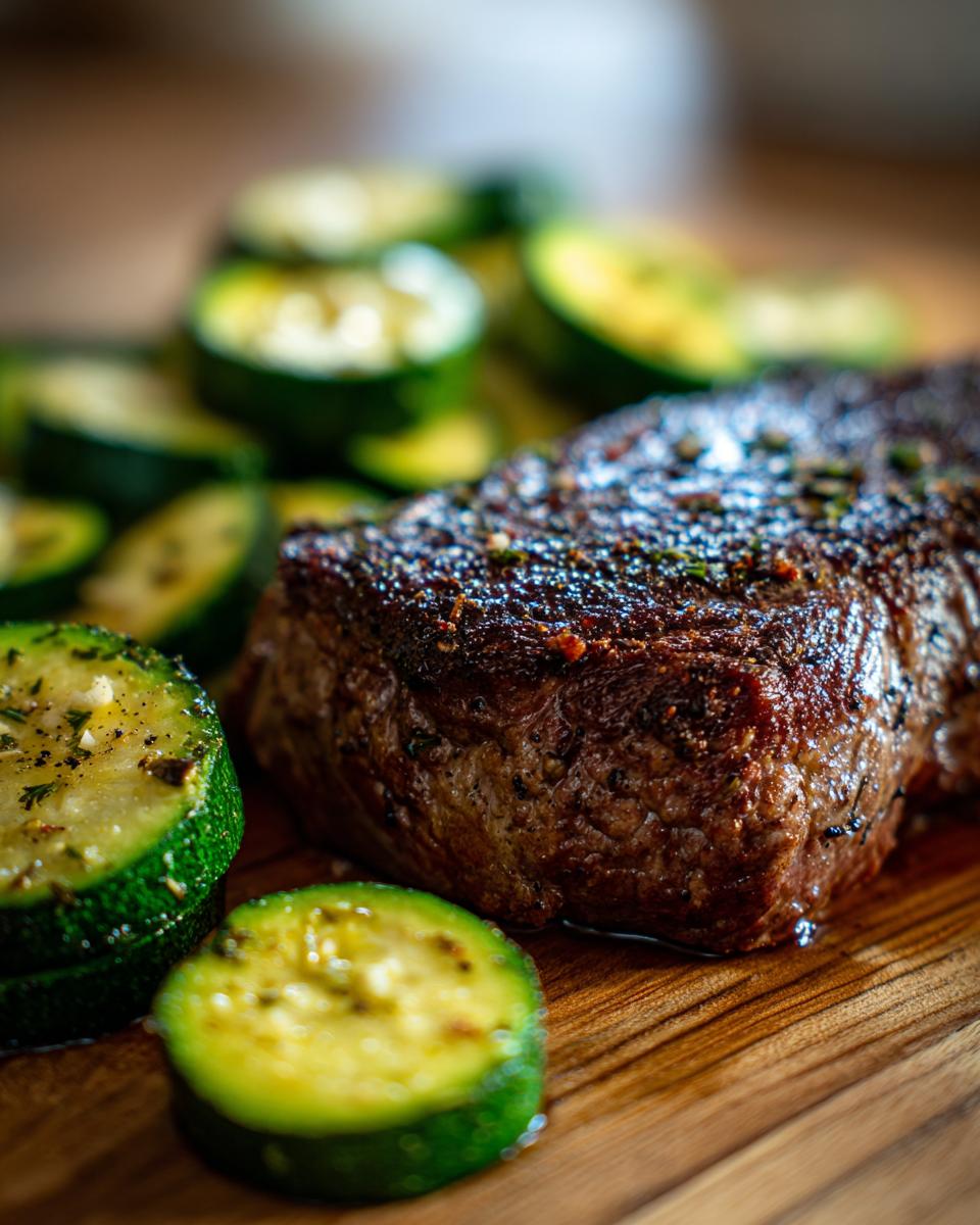 Close-up of a juicy garlic butter steak served with sliced zucchini, seasoned with herbs and spices.