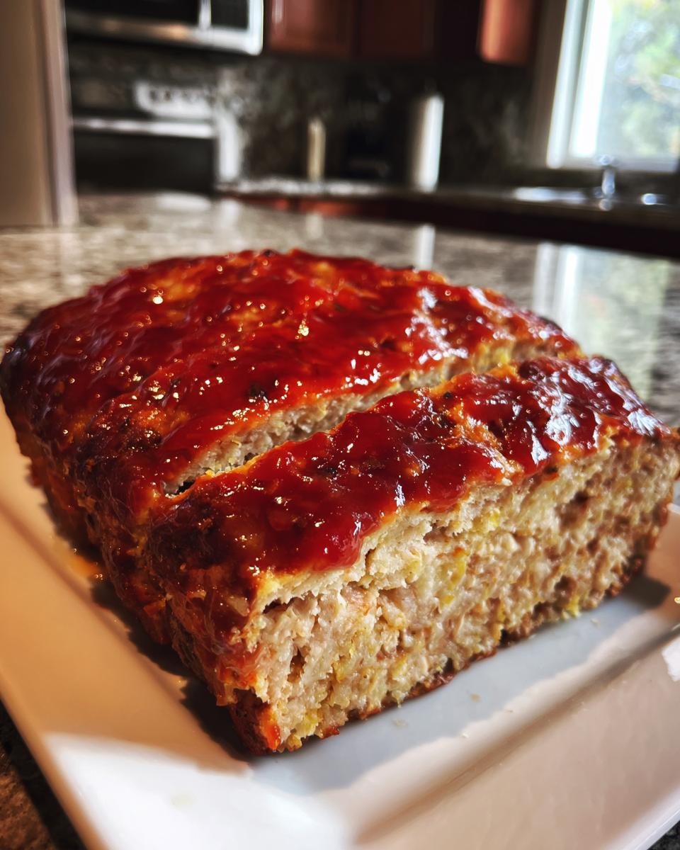 A close-up of a sliced Garlic Parmesan Chicken Meatloaf topped with a glossy red glaze.
