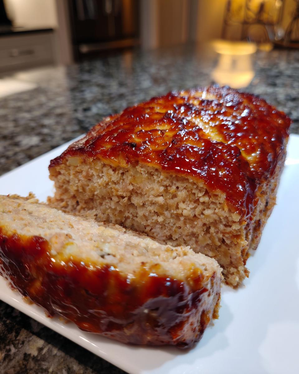A slice of moist Garlic Parmesan Chicken Meatloaf topped with a glossy, savory glaze.