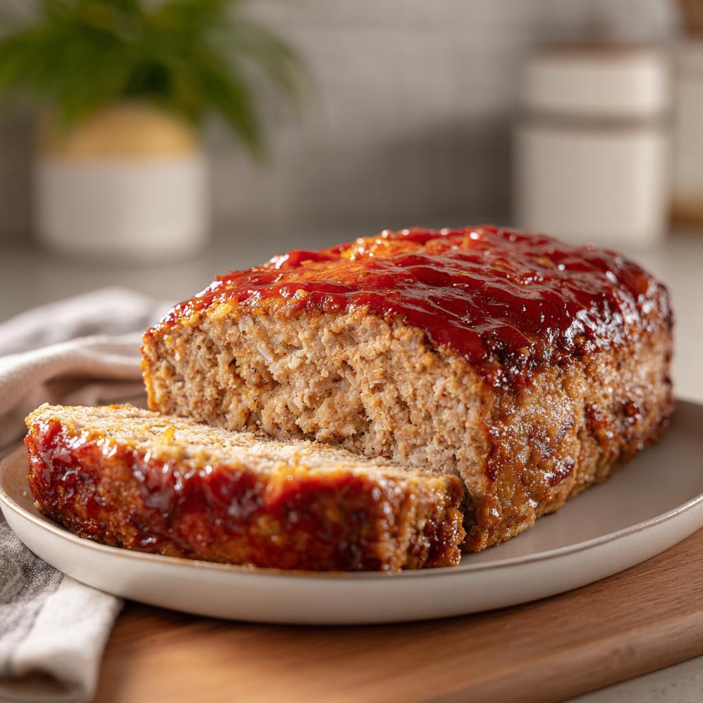 A close-up of a delicious Garlic Parmesan Chicken Meatloaf, partially sliced, with a shiny glaze on top.