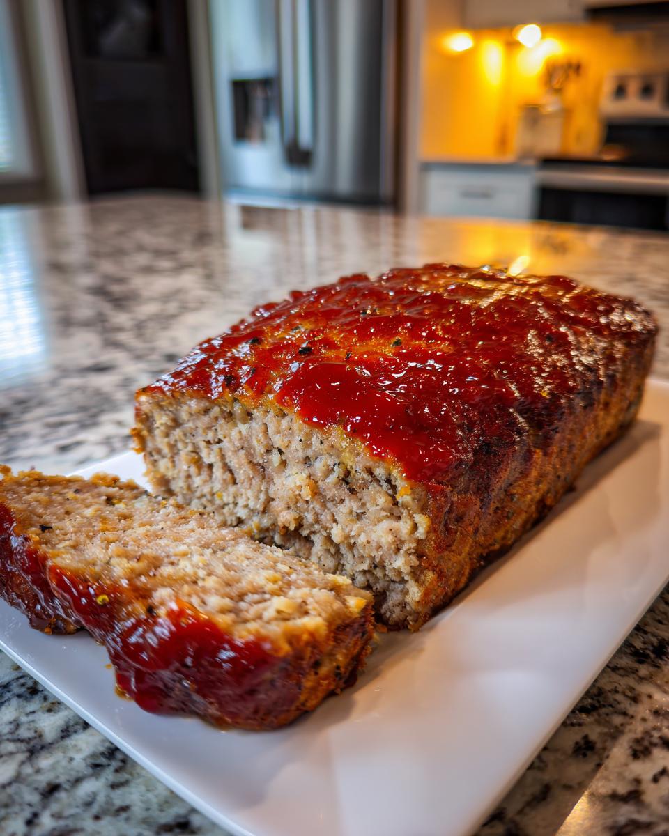 A slice of moist Garlic Parmesan Chicken Meatloaf topped with a glossy red glaze, served on a white plate.