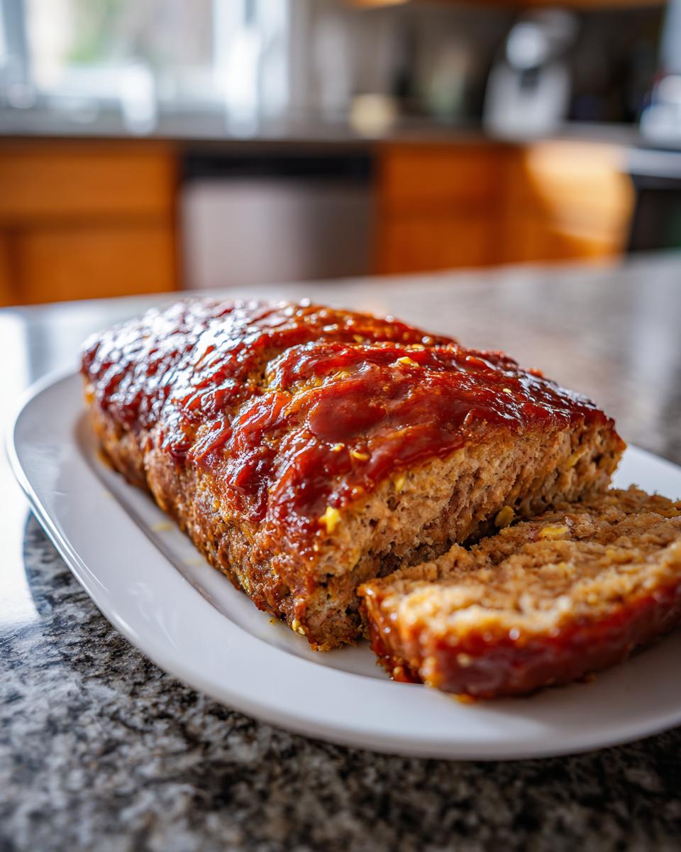 A delicious Garlic Parmesan Chicken Meatloaf, sliced and served on a white platter with a savory glaze.