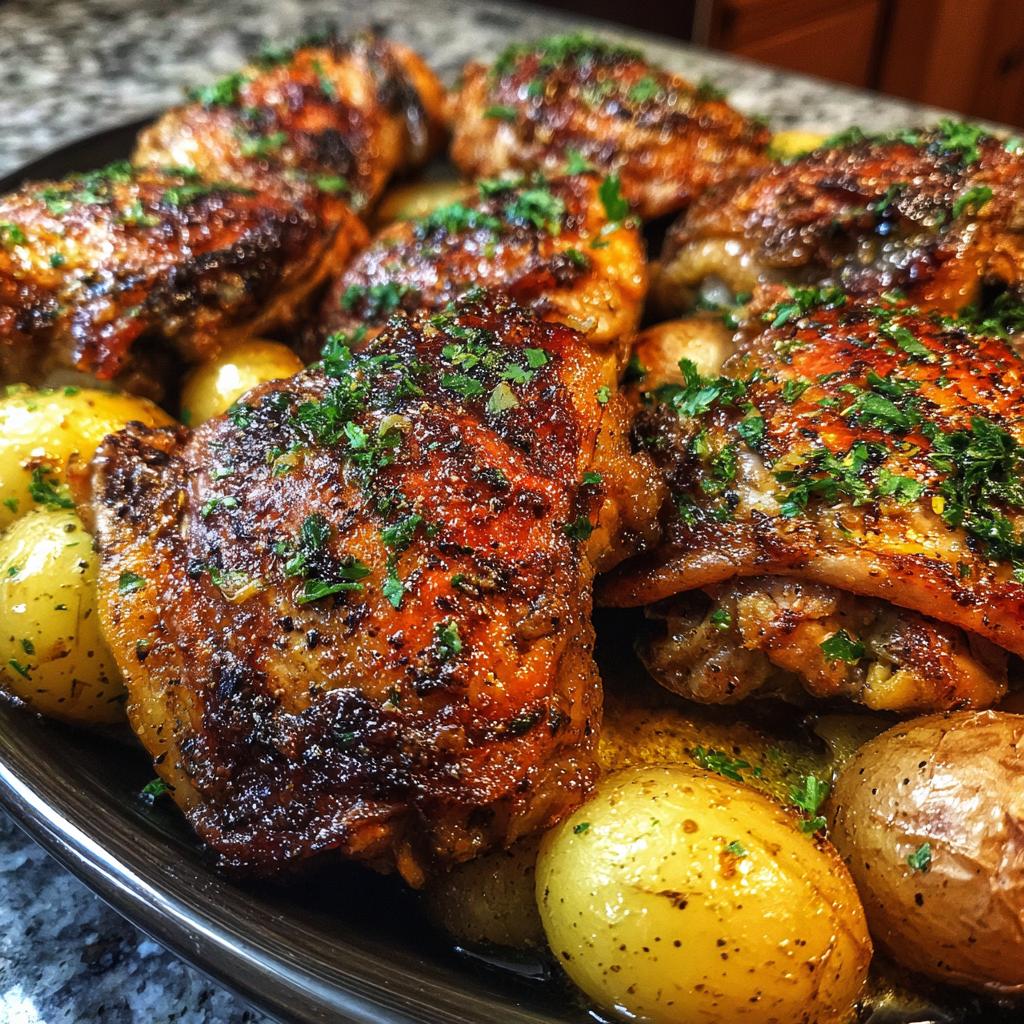 Close-up of juicy Garlic Parmesan Chicken Thighs and Potatoes, garnished with fresh parsley.