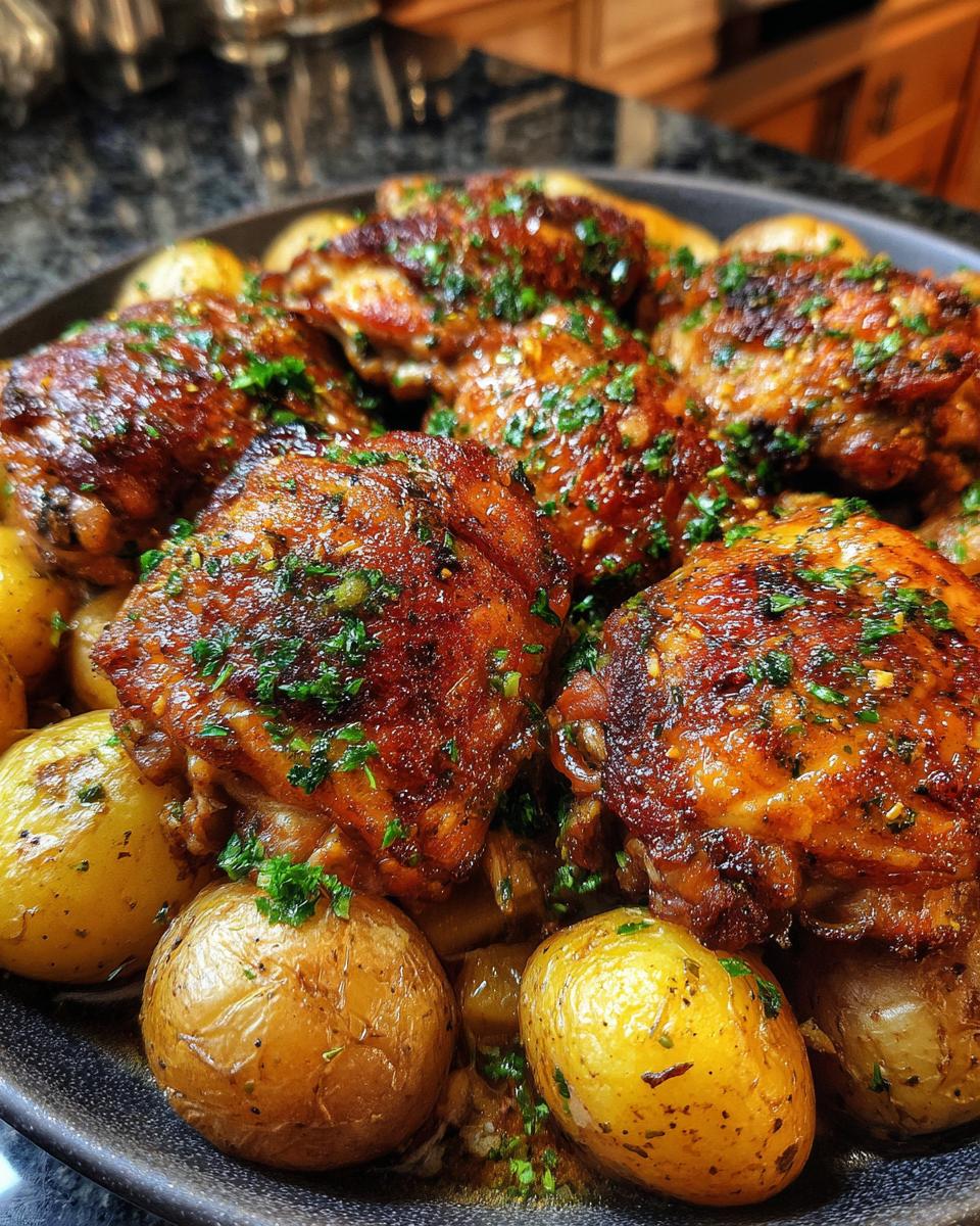 Close-up of a platter filled with golden brown Garlic Parmesan Chicken Thighs and Potatoes, garnished with fresh parsley.