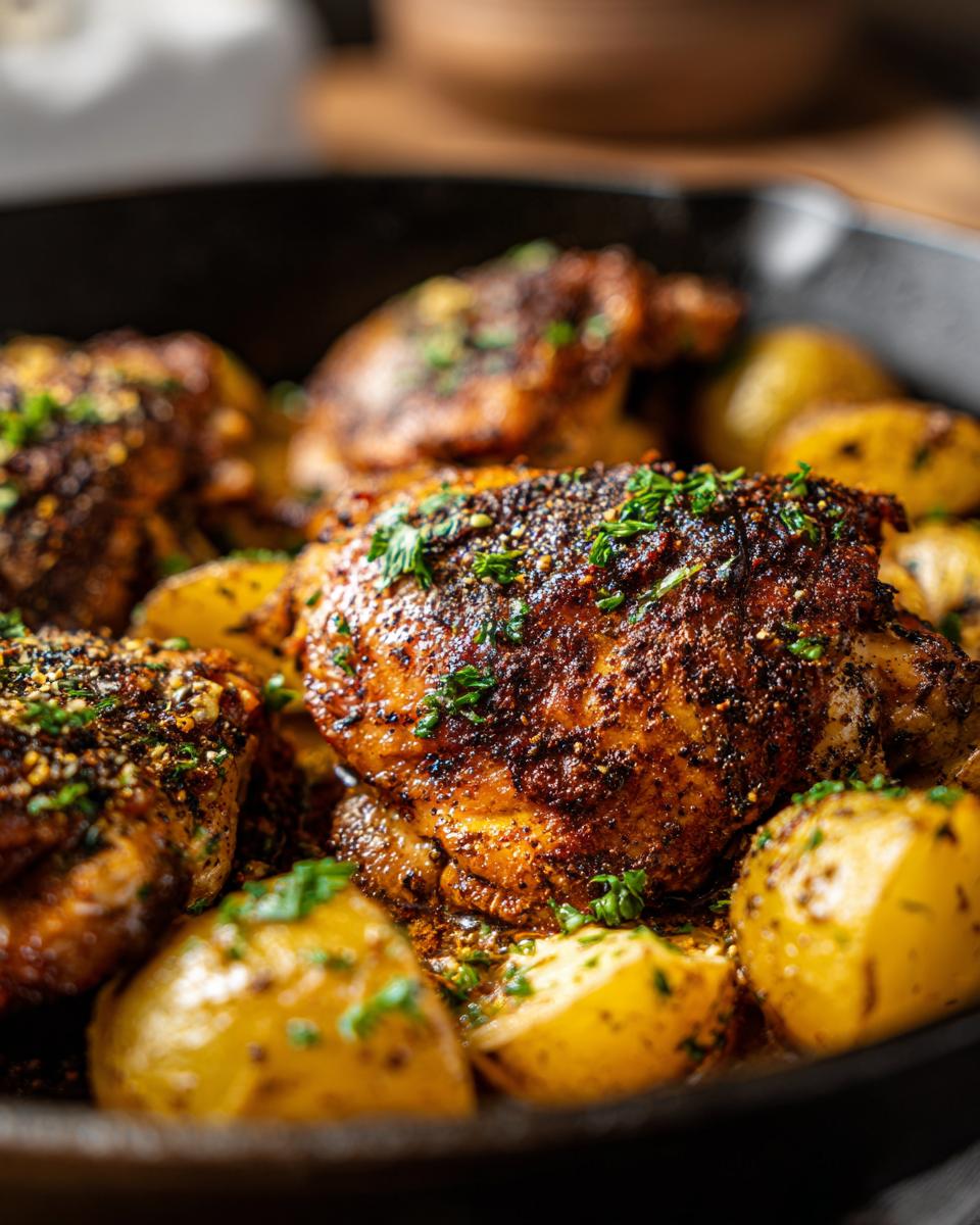 Close-up of golden-brown Garlic Parmesan Chicken Thighs and Potatoes in a cast iron skillet, garnished with parsley.
